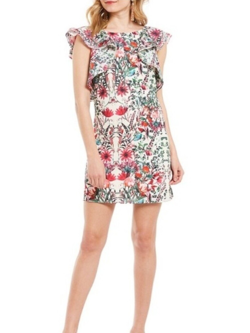 Belle Badgley Mischka Alex Floral Shift Dress Women's Size 2 Ruffle Preppy Party - Picture 1 of 15